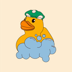 A cute rubber duck taking a bath surrounded by bubbles, wearing a shower cap