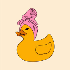 A cute rubber duck enjoying a spa day with a pink towel wrapped around its head. A playful and relaxing character design perfect for wellness, self care, and relaxation themed visuals