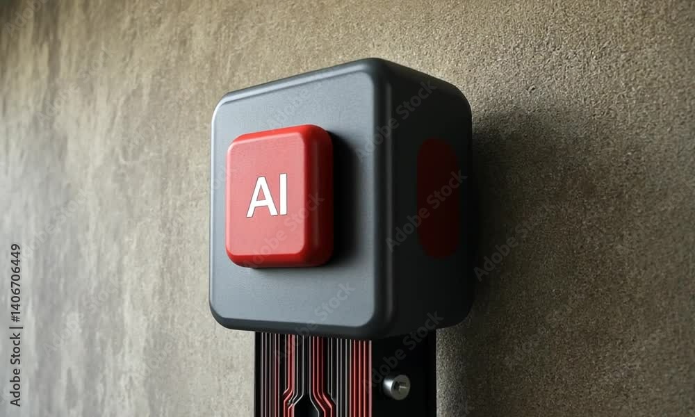Poster central button on circuit board symbolizing artificial intelligence technology and digital innovatio
