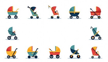 Bold, colorful stroller icons on a white background create a playful pattern , repeat, nursery