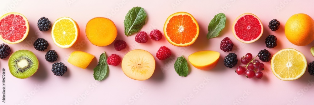 Poster vibrant arrangement of fresh fruits and berries on a soft pastel background in a clean minimal style