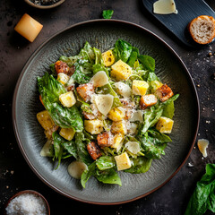 bright realistic photo of a plate with caesar salad