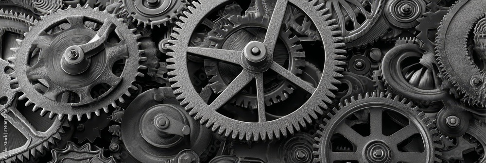 Poster close-up of intricate metallic gears and cogs in a complex mechanical system, steampunk background