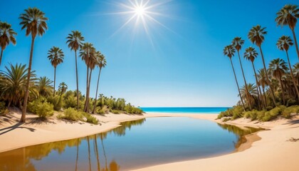 Fototapeta premium Tropical Oasis With Palm Trees and Lagoon Under Bright Sunlit Sky