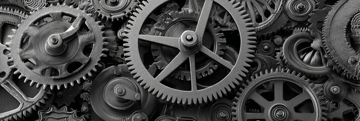 Close-up of Intricate Metallic Gears and Cogs in a Complex Mechanical System, steampunk background
