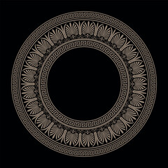 Vector round gold classic frame. Greek meander plate. Patterns of Greece, ancient Rome. Circle european border. Round antique Greek border. Typical egyptian, assyrian, greek motives. Circle, Arabesque
