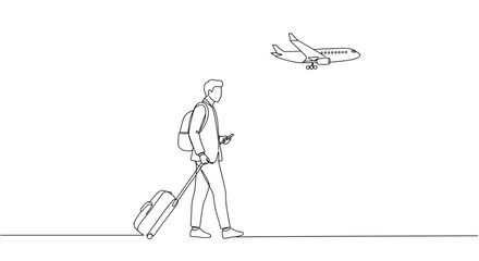 Traveler walking with suitcase under flying airplane mockup -