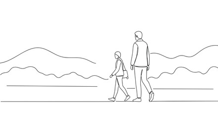Fototapeta premium Father and child walking outdoors against a landscape background