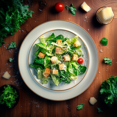 bright realistic photo of a plate with caesar salad