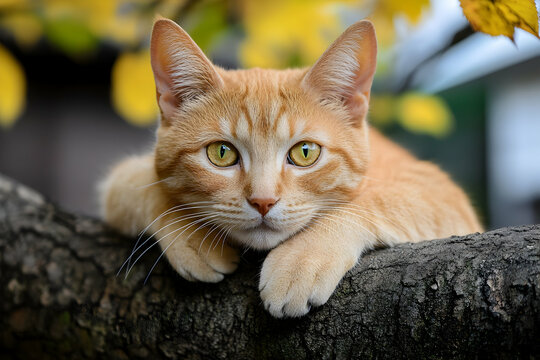 A curious ginger tabby cat lounges on a tree branch, gazing intently with bright green eyes in autumn light.