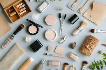 Flat lay of easy-to-use beauty hacks displayed around everyday objects in a home setting, focusing on practicality,