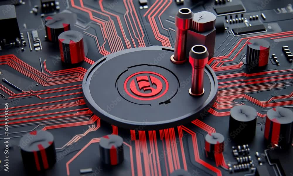 Aufkleber close-up of circuit board with black and red design featuring integrated components and connectors i