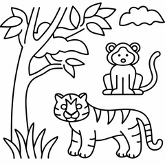 Tiger and Monkey Animal Line Art Drawing for Kids – Simple Outline Vector Illustration for Educational Design