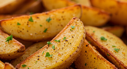 Close-Up of Seasoned Potato Wedges with Crispy Surface and Fluffy Interior