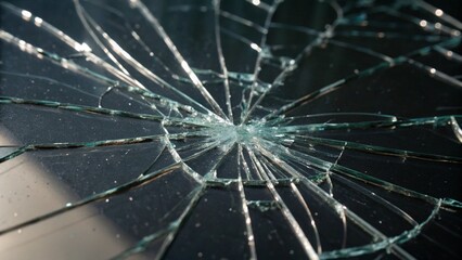 Macro surface of shattered broken glass fragments with sharp angles and reflected light rays
