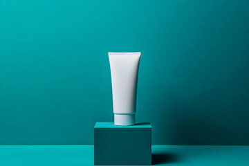 White tube of toothpaste stand still on a blue stand against a blue background.