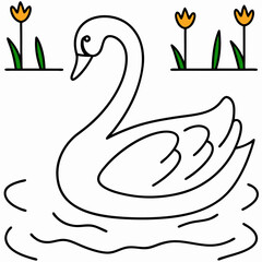 Swan Birds Line Art Drawing for Kids – Simple Outline Vector Illustration for Educational Design