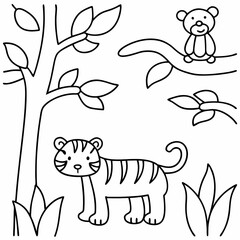 Tiger and Monkey Animal Line Art Drawing for Kids – Simple Outline Vector Illustration for Educational Design