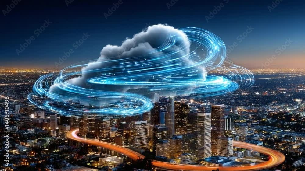 Poster cloud computing: a breathtaking digital representation showcases a city skyline under the embrace of