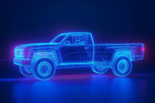 Futuristic Digital Wireframe Pickup Truck Concept – Blue Background Tech Visualization