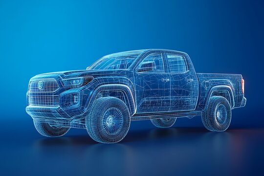 Futuristic Digital Wireframe Pickup Truck Concept – Blue Background Tech Visualization