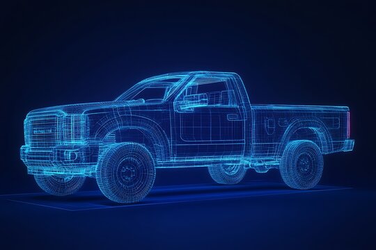 Futuristic Digital Wireframe Pickup Truck Concept – Blue Background Tech Visualization