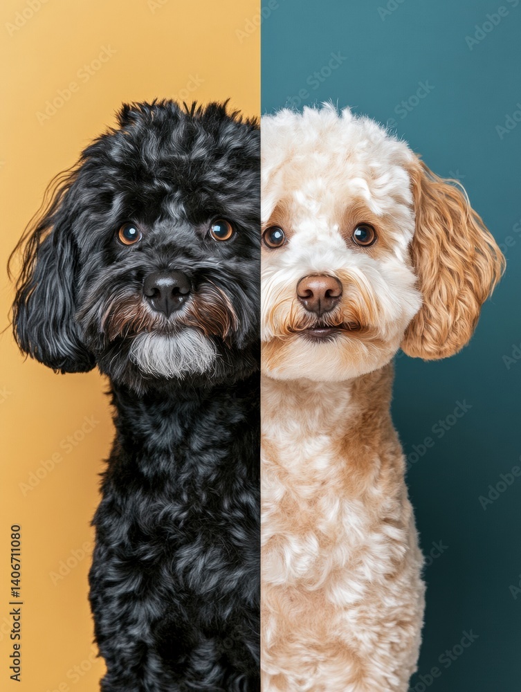 Poster before and after grooming of a playful dog showing a striking contrast between messy and clean fur i