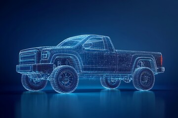 Futuristic Digital Wireframe Pickup Truck Concept – Blue Background Tech Visualization