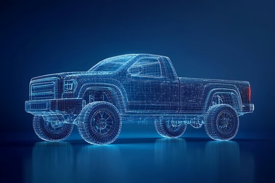 Futuristic Digital Wireframe Pickup Truck Concept – Blue Background Tech Visualization - Powered by Adobe