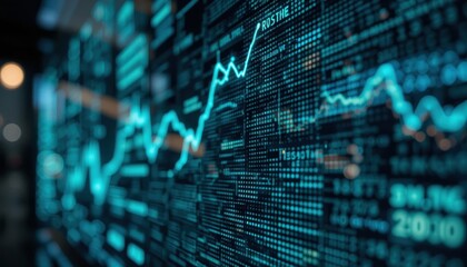 Cybernetic Teal Data Stream: Ascending Market Trend Visualization