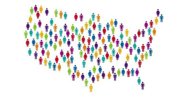Colorful human icons form and transform the shape of Usa map