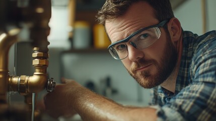 Plumber tightening a brass pipe fitting under a kitchen sink. Featuring leak prevention and secure installation