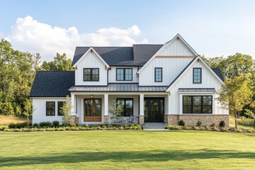 Stunning white farmhouse with black windows, stone accents, and a spacious front porch.