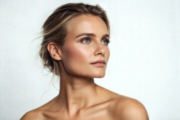 Naklejka premium Natural Beauty Captured in a Portrait of a Scandinavian Woman With Soft Features and Radiant Skin, Showcasing Her Serene Expression