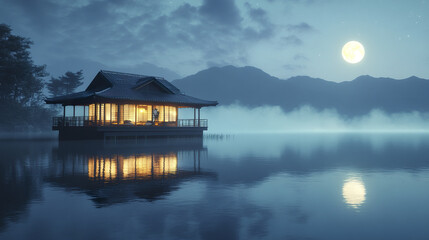 Fototapeta premium serene Japanese villa floats on moonlit lake, surrounded by misty mountains