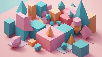 Pastel geometric shapes in a minimal 3D abstract cityscape, soft lighting and smooth shadows.