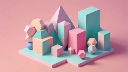 Isometric pastel 3D cityscape with geometric shapes, soft lighting and pink background, minimal and abstract.