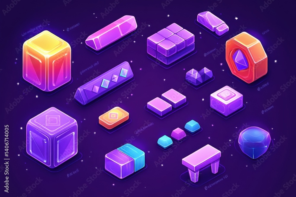 Aufkleber isometric neon glowing blocks and shapes floating in a dark cosmic void.