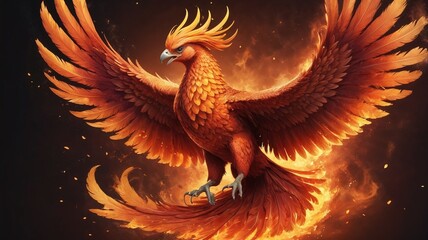 Majestic fiery phoenix with blazing feathers and radiant wings outstretched, rising from swirling embers against a dark inferno-lit sky.
