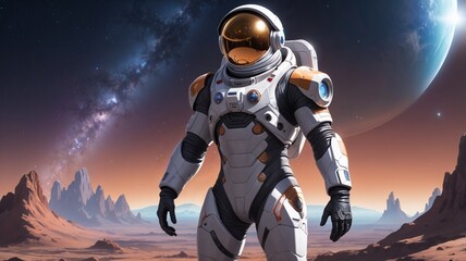 Futuristic astronaut standing on an alien desert planet at twilight, vivid orange and blue atmosphere, towering jagged rock formations in the distance, Milky Way stretching across the sky.
