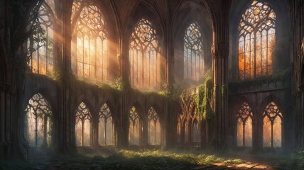 "Golden sunlight floods an overgrown gothic cathedral, where nature reclaims stone beneath glowing stained glass."