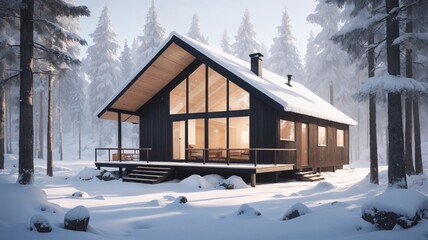 "Modern wooden cabin in a snowy forest, warm light glowing from inside, surrounded by tall pine trees .Let me know if you’d like a cozier, more poetic version—or one tailored for a game or concept a