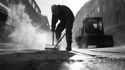 Road construction worker leveling asphalt with a rake on a freshly paved street. Featuring teamwork and precision