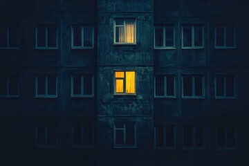 Single Lit Window in a Dark Apartment Building at Night with Contrast