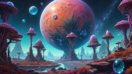 "Alien landscape with giant mushroom-like trees, glowing purple flora, floating blue orbs, and a massive red-orange planet dominating the sky with moons and stars in the background."