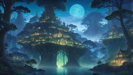 "A glowing elven kingdom nestled atop a colossal tree-covered mountain, surrounded by giant bioluminescent trees under a starry night sky, with mystical lights and bridges connecting treehouses, 