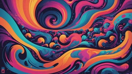 Vibrant abstract waves and swirling shapes in a psychedelic style. Bright neon colors including orange, magenta, turquoise, and deep blue flow together in a dynamic compositions.