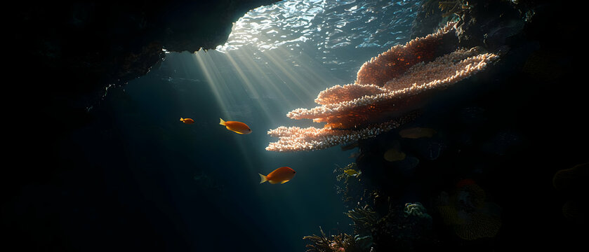 Sunbeams pierce coral cave, fish swim