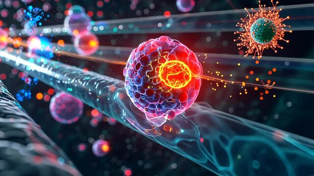 visualization of sperm and egg molecules under magnification symbolizing fertilization process and in vitro conception with focus on medical innovation and reproductive science