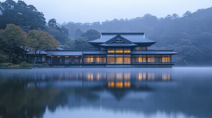 Fototapeta premium serene Japanese home with torii gate by misty lakefront